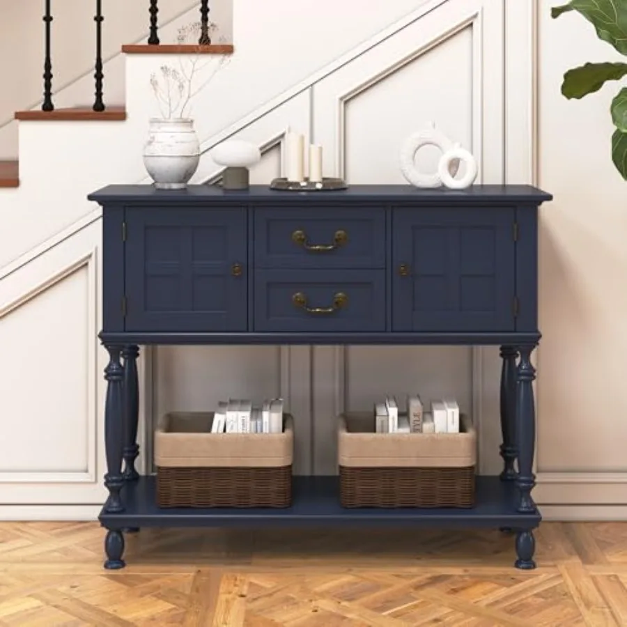 42 inch Entryway Table with Drawers, Farmhouse Console Table for hallway use, solid wood, white finish, scratch-resistant surfa