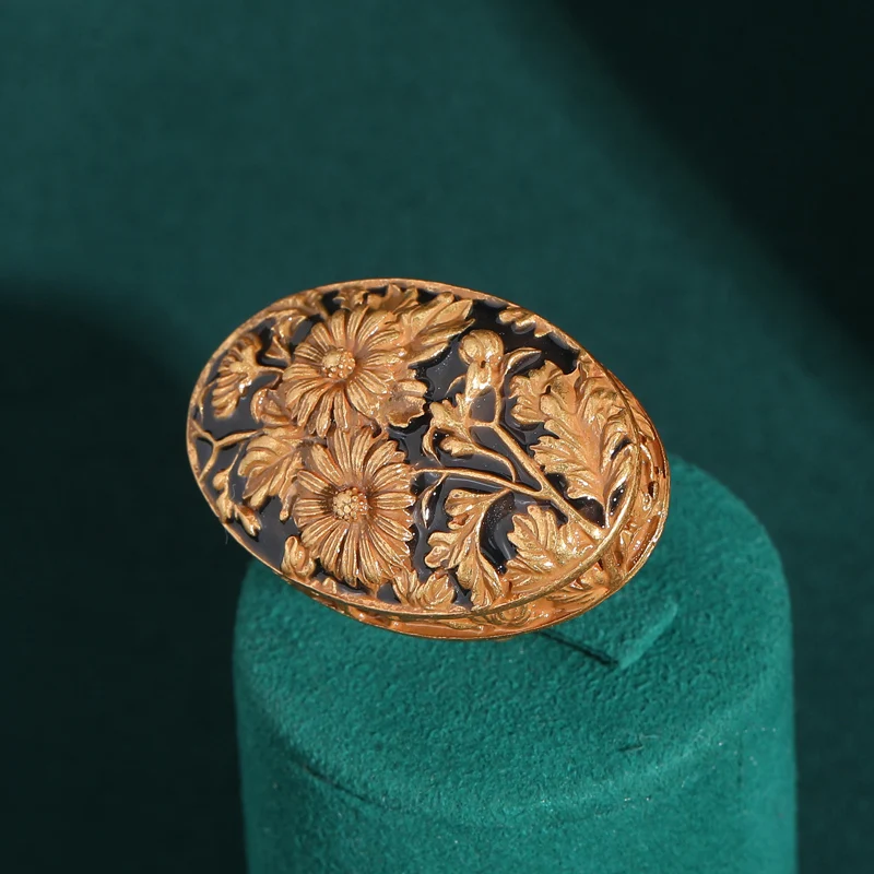 Vintage Art Deco Ring for Women - 18K Gold-Plated Hand-Carved Floral Enamel Pendant Ring, Luxury Accessory for Formal Occasions