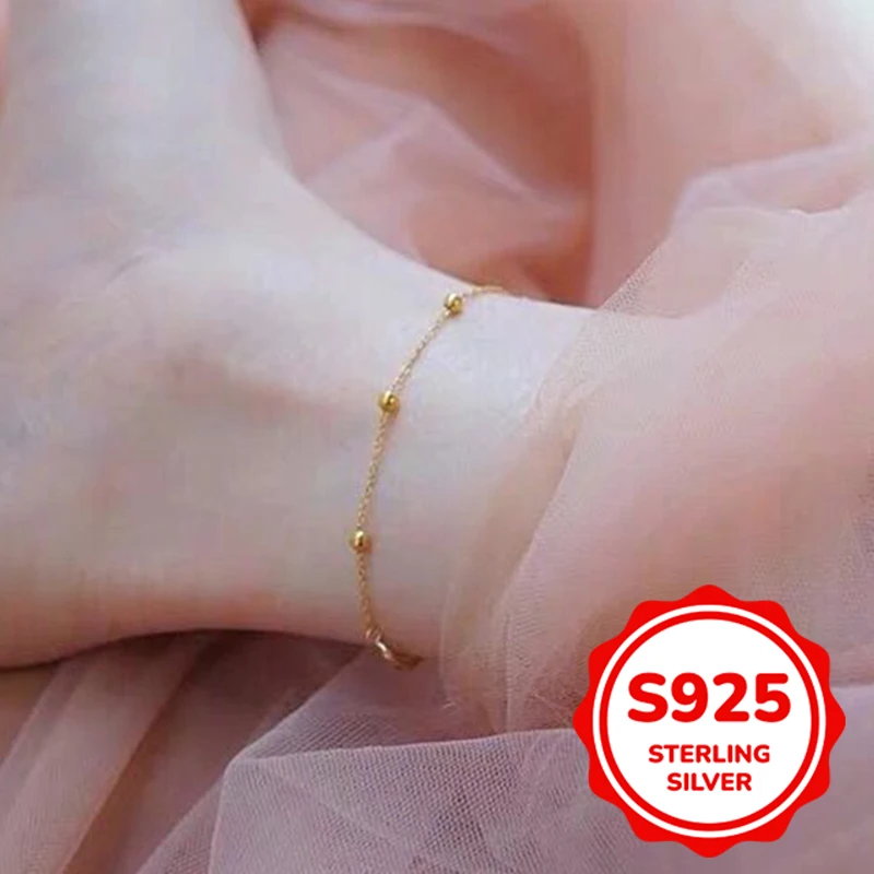 

S925 authentic sterling silver gold-plated round beads Ankle chain women fashion elegant retro exquisite simple daily holiday