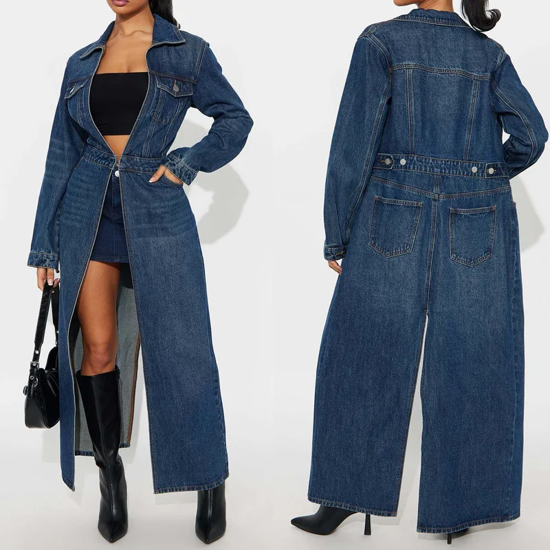 

Denim Coats Solid Long Jackets Moto Biker Jeans Side Slit Turn Down Collar Long Sleeves Loose Casual Streetwear Autumn Winter