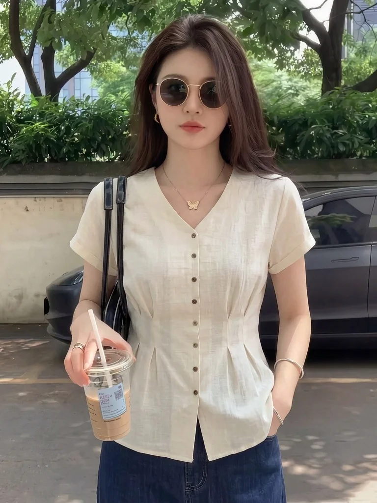 

Elegant Thin Short Sleeve V-Neck Shirt Women's Fashion Korean Style Breathable Casual Top plus Size Slimming Summer New Arrival
