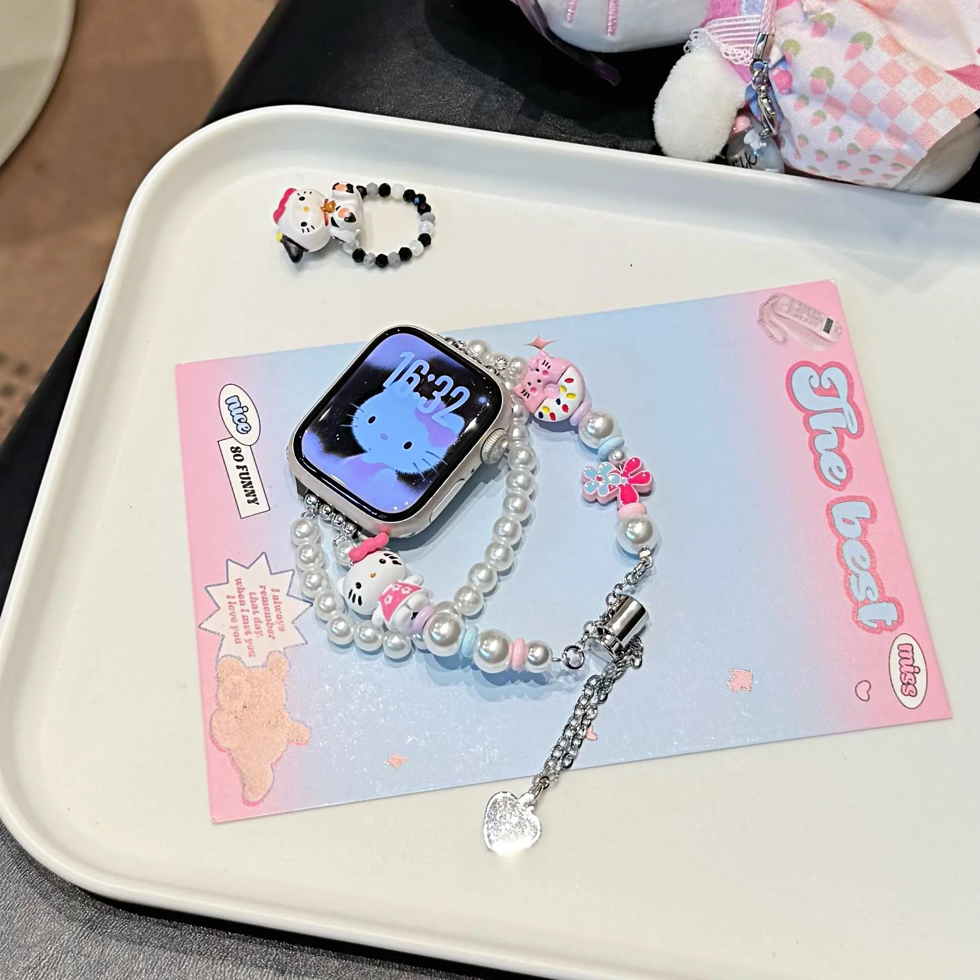 Girls Fashion Cute For Hello Kitty Pearl Beaded Band For Apple Watch  S11 10 49 46 45 44 42-38mm For iwatch Ultra S11/10/9/8 view 2