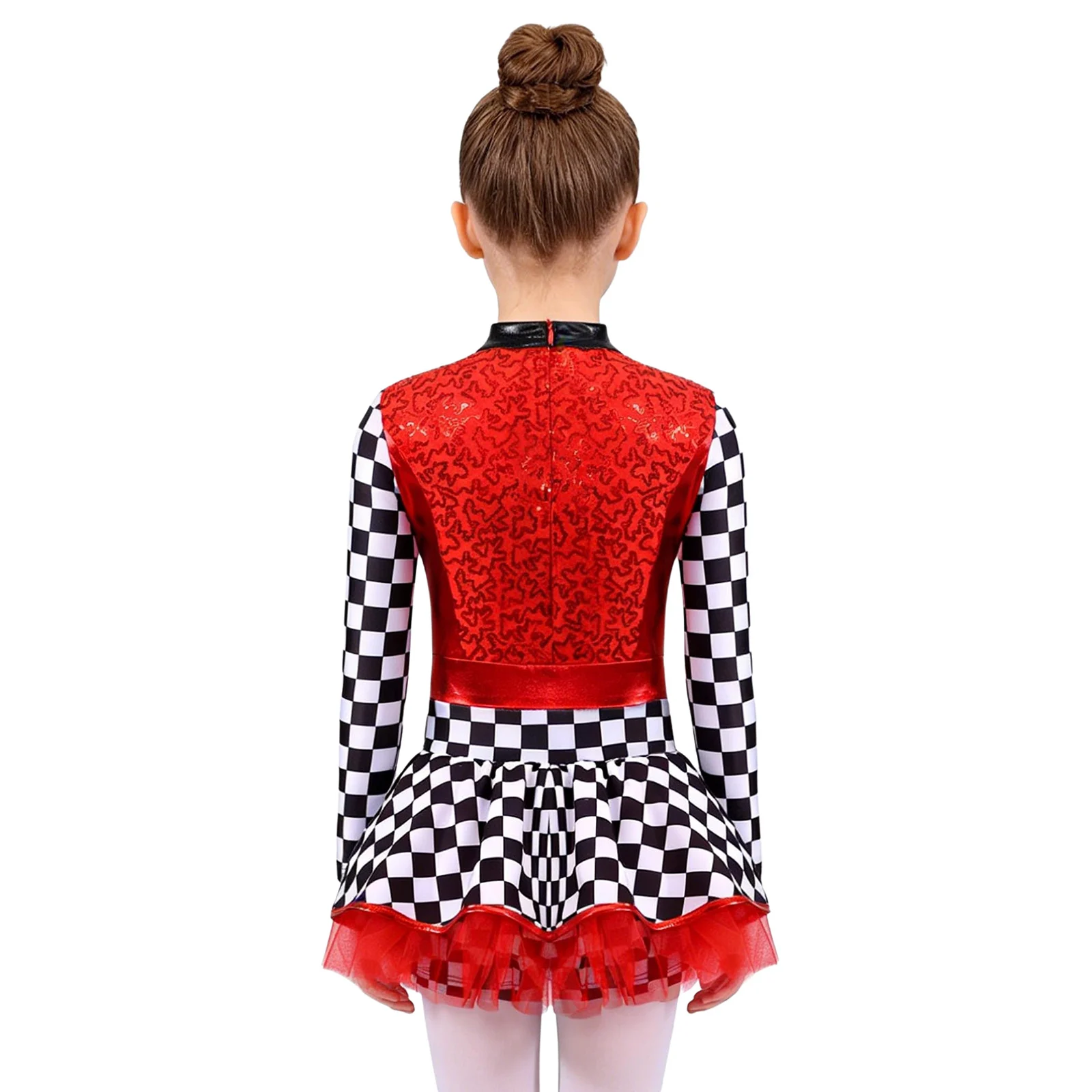 Kids Girls Race Car Driver Costumes Long Sleeve Checkerboard Jumpsuit Sequin Tutu Leotard Dress Halloween Racer Party Dress Up