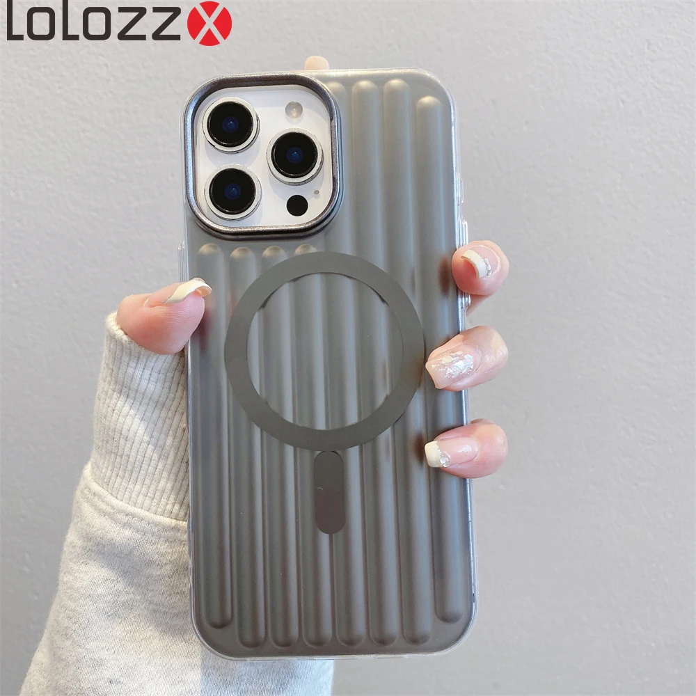 

For iPhone 13 16 15 14 Pro Max Phone Case Luggage Pattern Magnetic for Magsafe Wireless Charging Stripe Shockproof Laser Cover