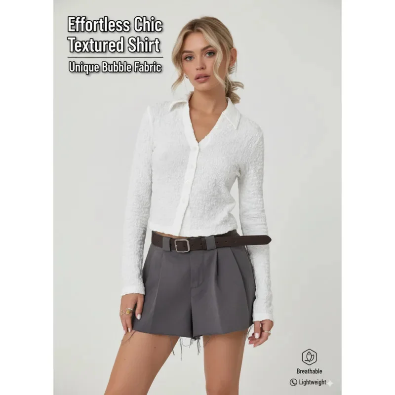 Womens Chic White Button Shirt With V Neck And Lapel Collar Slim Fit Cropped Blouse For Autumn French Streetwear Long Sleeve Top