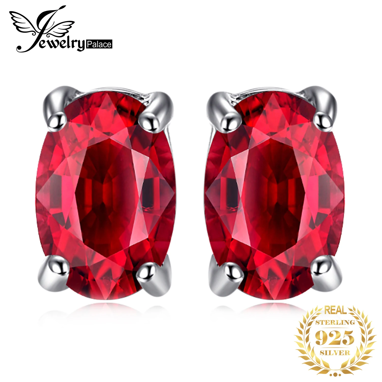 JewelryPalace Oval Cut Red Created Ruby 925 Sterling Silver Stud Earrings For Women Fashion Statement Jewelry Gemstone Earrings