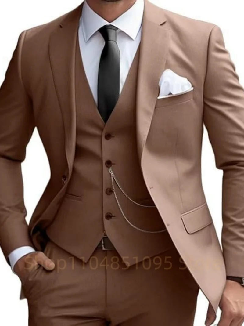 

Elegant Brown 3 Piece Wedding Men's Suit Groom Tuxedos Business Suits Slim Fit Notch Lapel Blazer Vest Pants for Party Prom