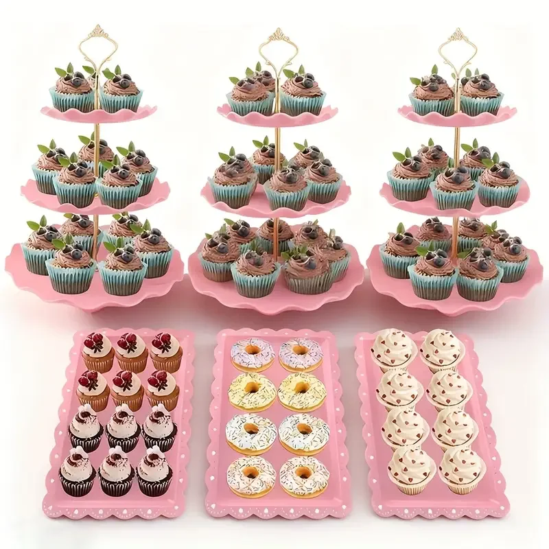 

5pcs Cake Stands Dessert Tray Set 2 Pink Triple Cake Stands 3 Pink Rectangular Dessert Trays Easy To Assemble Party Display Sets