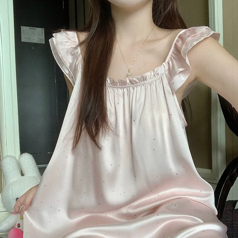 Women Nightdress Lady Sleeveless Shoulder Strap Loose Sweet Sleepwear Spring Autumn Girl Student Plus Size Mid-length Home Dress