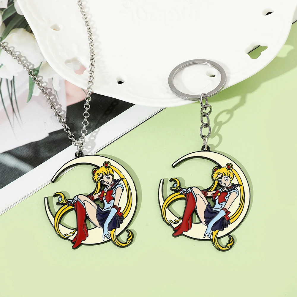 Cartoon Anime Sailor Moon Metal Enamel Pendant Necklace Cute Tsukino Usagi Keychain for Women Backpack Ornament Toy Gift