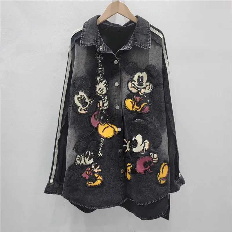 2025 Autumn New Cartoon Anime Print Denim Jacket Women Trendy Brand Heavy Embroidery Sequin Long Sleeve Mid-Length Top