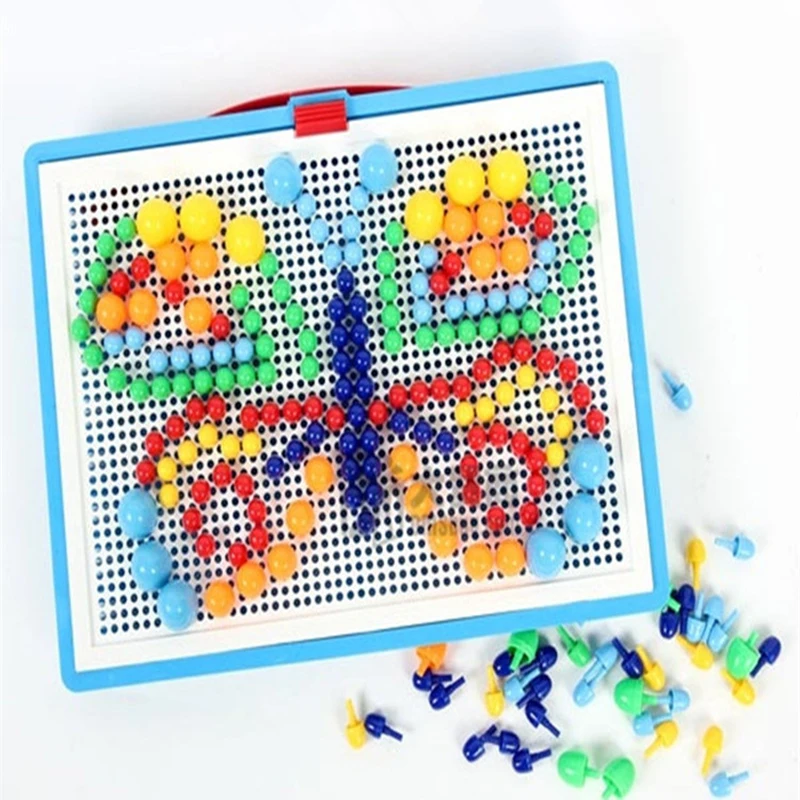 296 Stuks/set Doos Verpakt Graan Paddenstoel Nail Kralen Intelligente 3d Puzzel Spellen Legpuzzel Bord Voor Kinderen Educatief Speelgoed