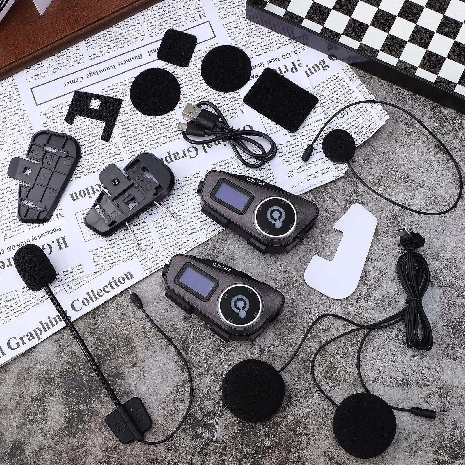 1 Pasang Headset Motor Nirkabel dengan Layar LCD, Headphone Suara Jernih, Interkom untuk Perjalanan Jauh, Headphone Motor untuk Panggilan