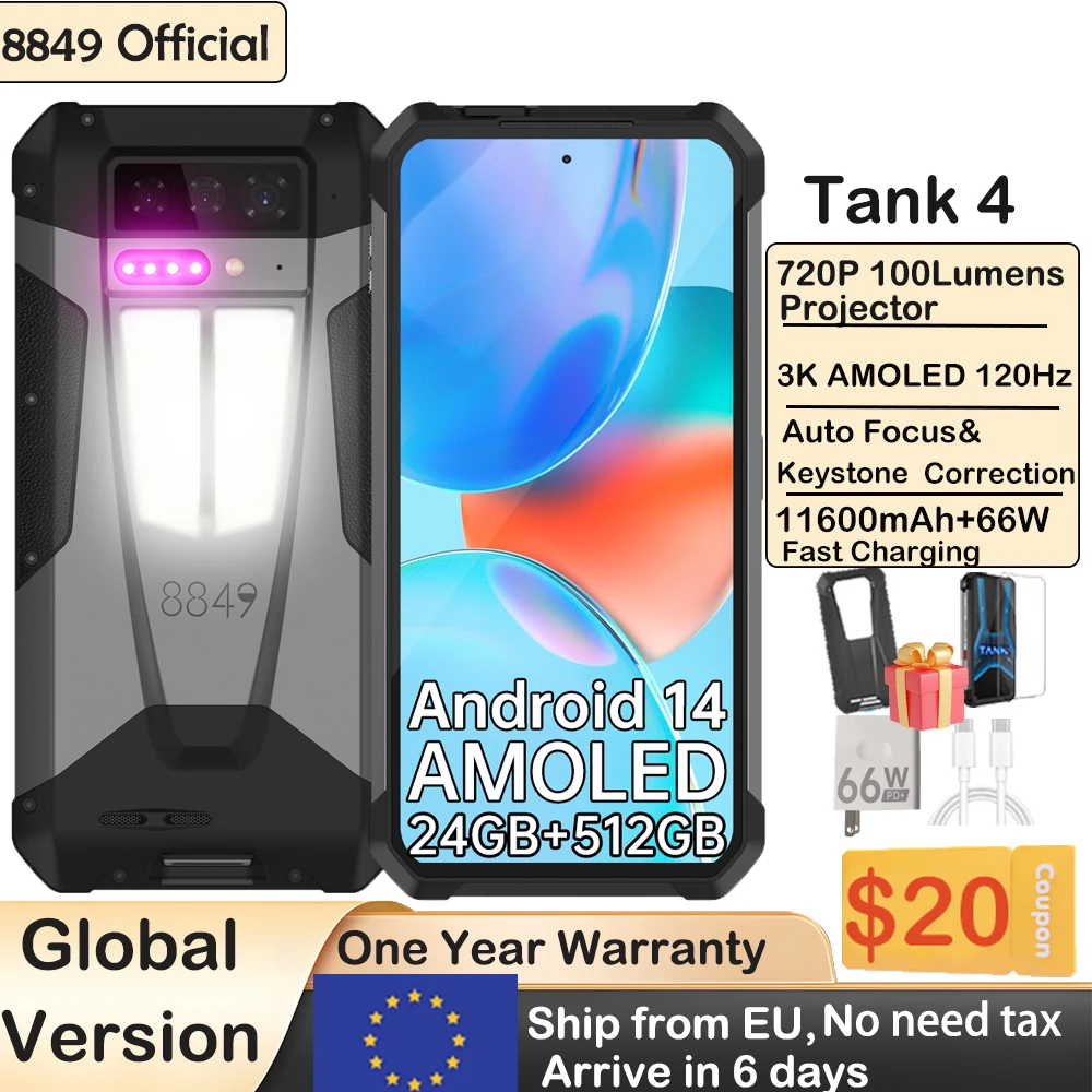 8849 Tanque 4 Unihertz Smartphone Robusto Com Projetor 720P 100 Lumen 6.78 ''AMOLED 512G 11600mAh Android14 Dimensidade 7300 120Hz
