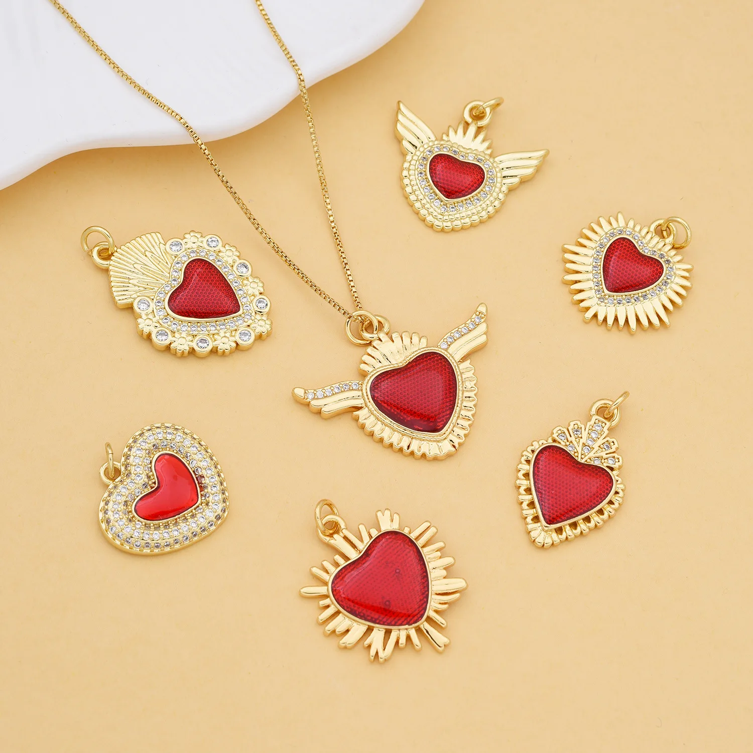 5pcs Europe and The United States Drip Oil Red Heart Necklace Pendant Accessories DIY Jewelry Making Materials Wholesale