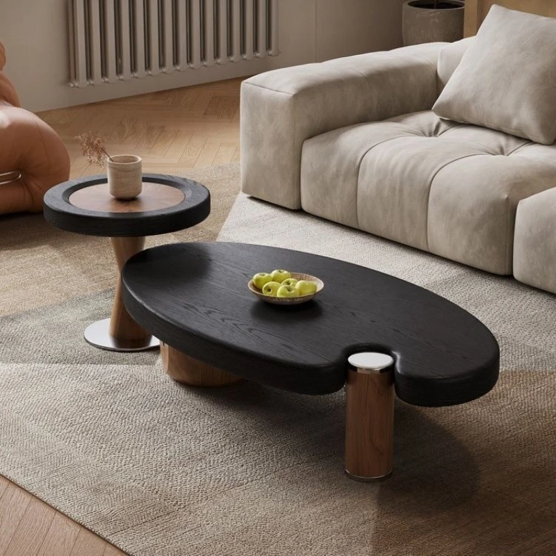 

Medieval style oval coffee table combination living room home designer creative retro wabi-sabi wind ash wood leather tea table