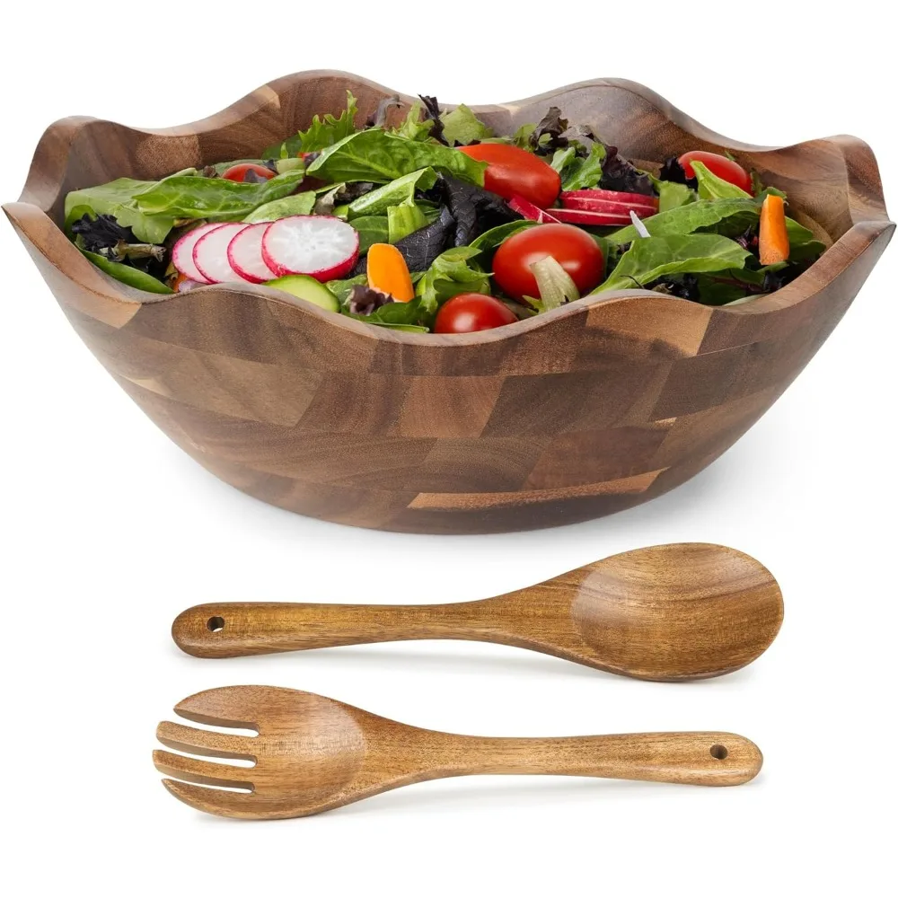 

Large Scalloped Acacia Wood Salad Bowl Set with Spoons - Handcrafted Farmhouse Kitchen Serveware for Fruit, Pasta, Snacks