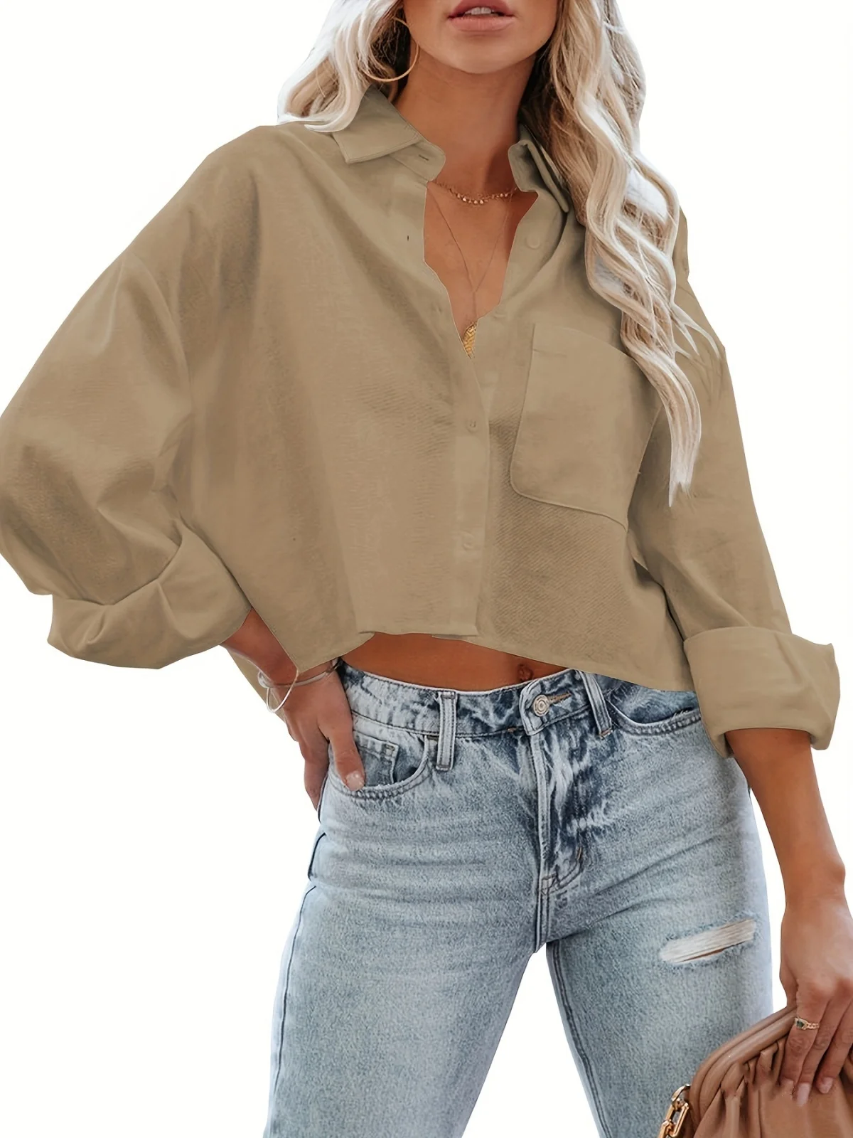 Button Down Office Lady Cropped Shirts Women Long Sleeve Casual Short Crop Tops Solid Color Lapel Blouse Shirt with Chest Pocket