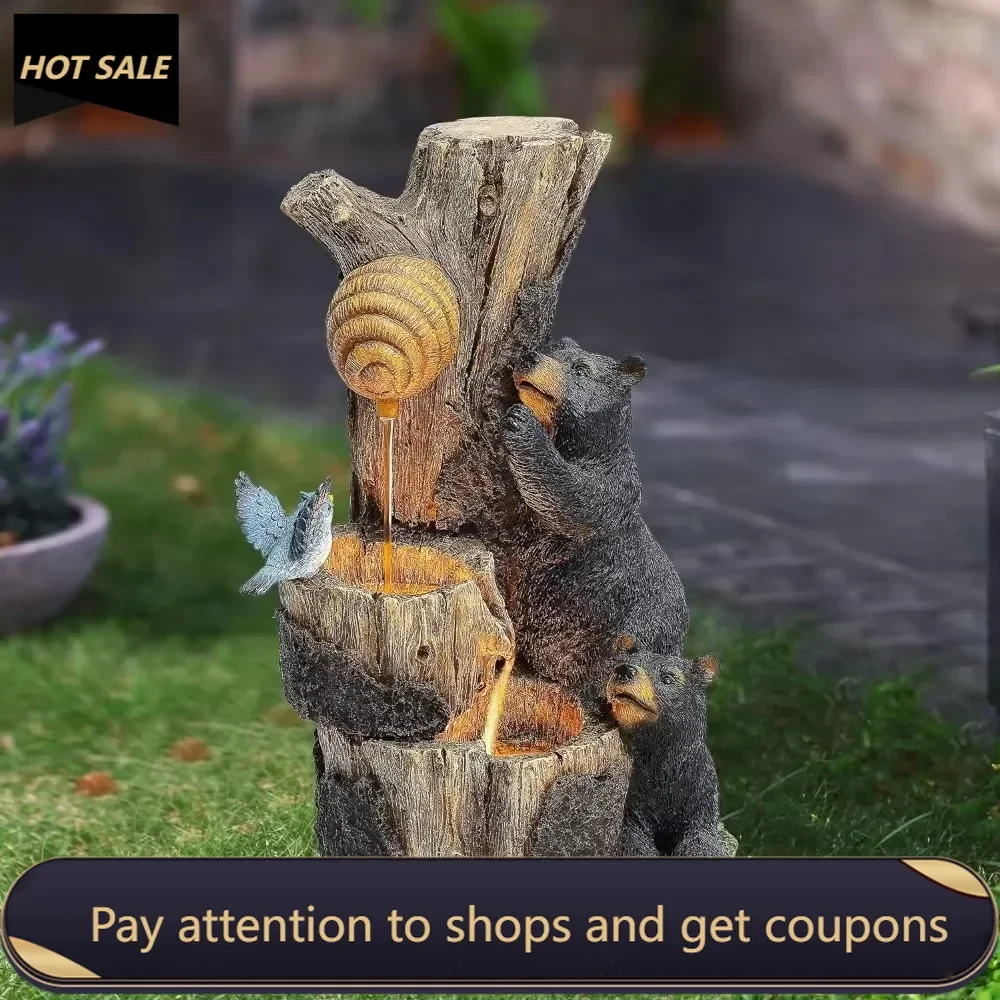 

21.9" H Water Fountain Outdoor Bear and Honey Beehive Tree Resin Outdoor Patio & Garden Fountain with Lights