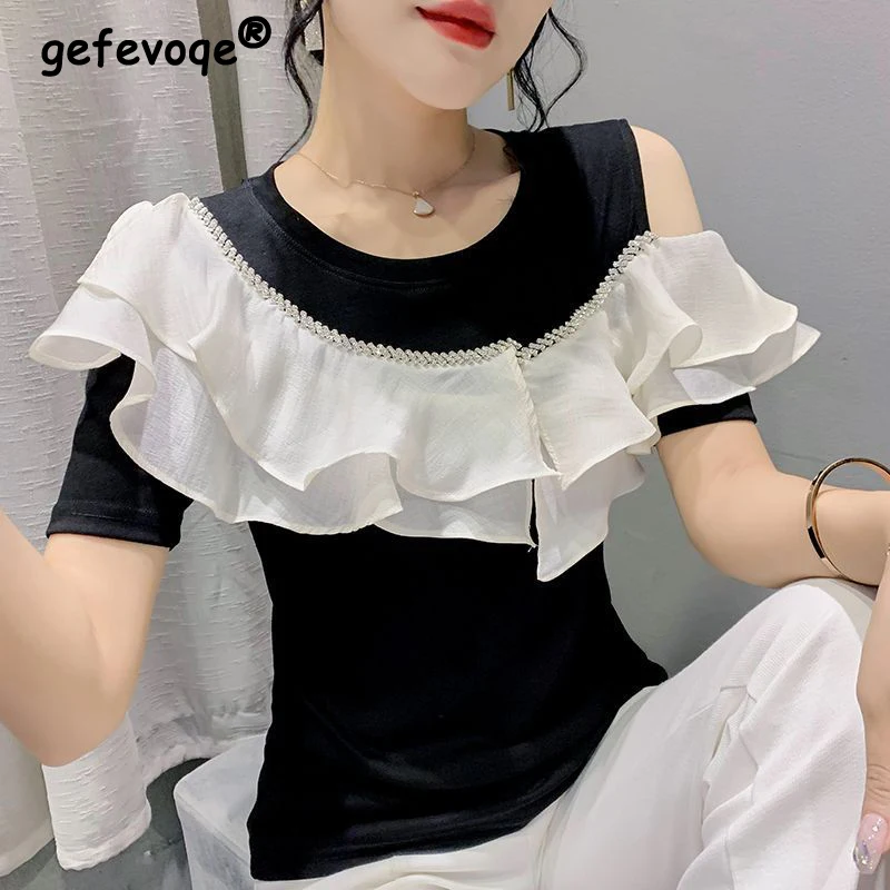 

Womens Clothing Ruffle Sexy Off Shoulder Diamonds Chic Elegant T-shirts Summer Korean Fashion Black White Slim Short Sleeve Tops