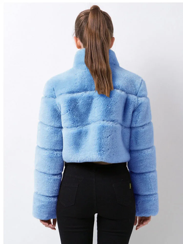 ZADORIN High Quality Stand Collar Spliced Cropped Faux Rabbit Fur Coats Woman Winter Clothes Furry Fur Top Pink Faux Fur Jacket