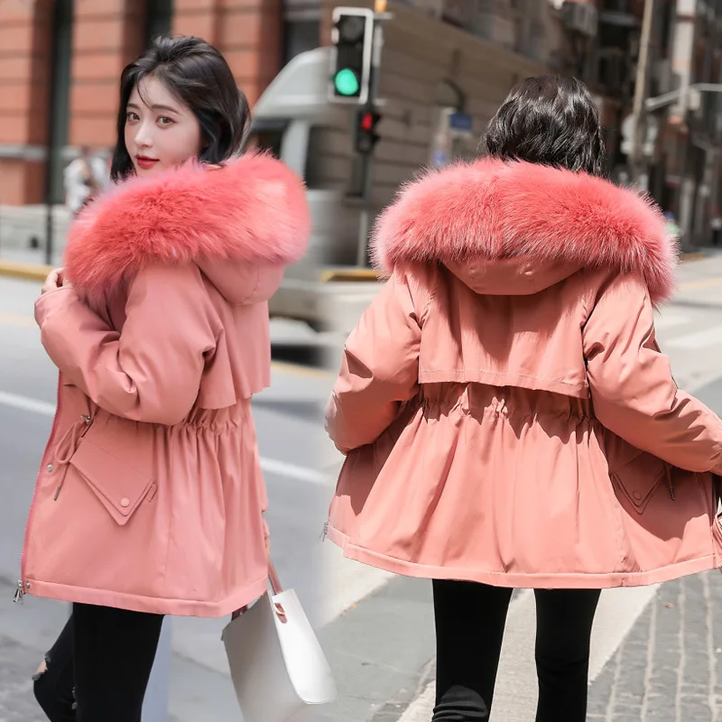 

Hooded Women Parkas Coats Mid Lenth Oversize Jacket Solid Drawstring Waist Fur Collar Zipper Loose Elegant Casual 2025 Winter
