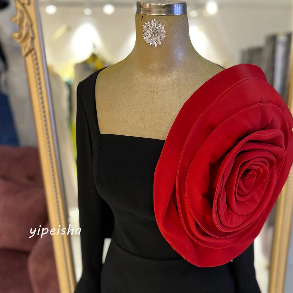 Jersey flor acanalada noche formal una línea cuello cuadrado vestido de ocasión a medida vestidos midi