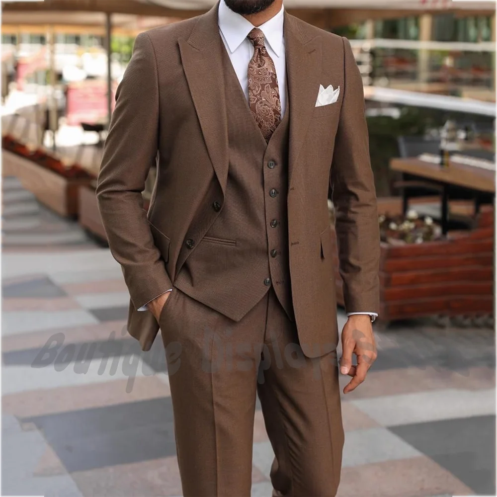 Formal Men Suit 3 Piece Wide Peak Lapel Single Breasted Luxury Textured Fabric Business Office Groom Wedding Tuxedo Slim Fit