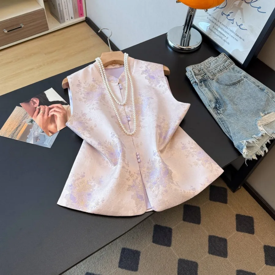 New Chinese Style Handmade Embroidered Satin Jacket Top with Button Collar High End Floral Pattern Women's Vest Outerwear