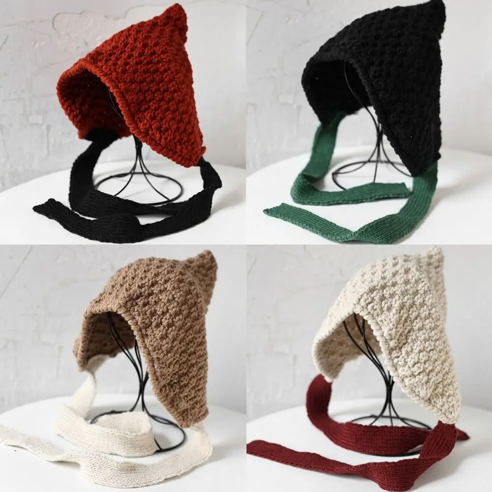 Woolen Yarn Knitted Loose Tie Up Hood Loose Fitting Windproof Warm Hat Soft and Skin Friendly Warm Ear Protection Hat