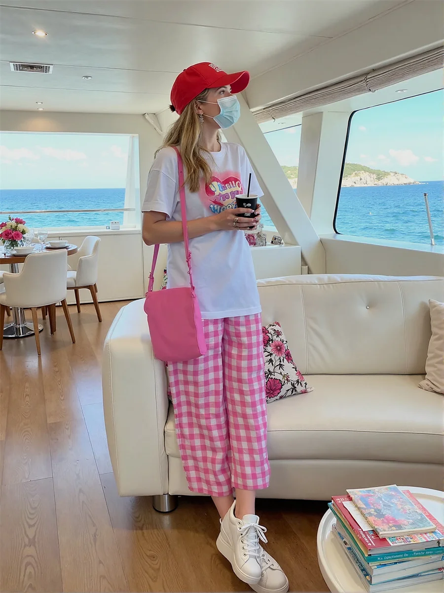 Calças femininas de tamanho grande, azul, rosa, xadrez, elegante, trabalho, traje de negócios, formal, profissional, slim fit, calças para mulheres