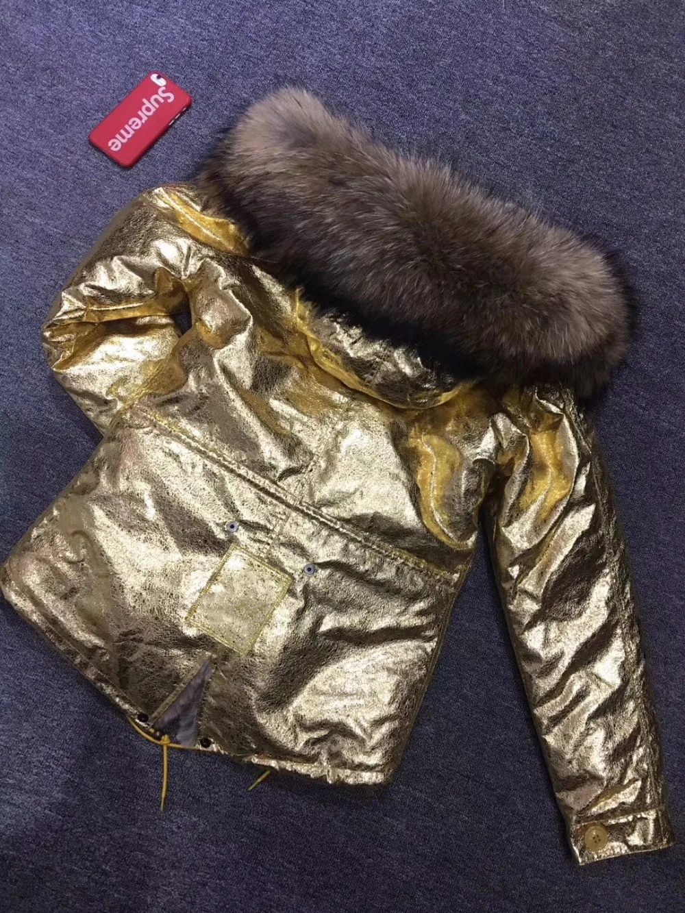 Golden Shiny Short Parka With Natural Color Faux Rex Rabbit Fur Lined Overcoat Real Fur Collar Winter Unisex Overcoat