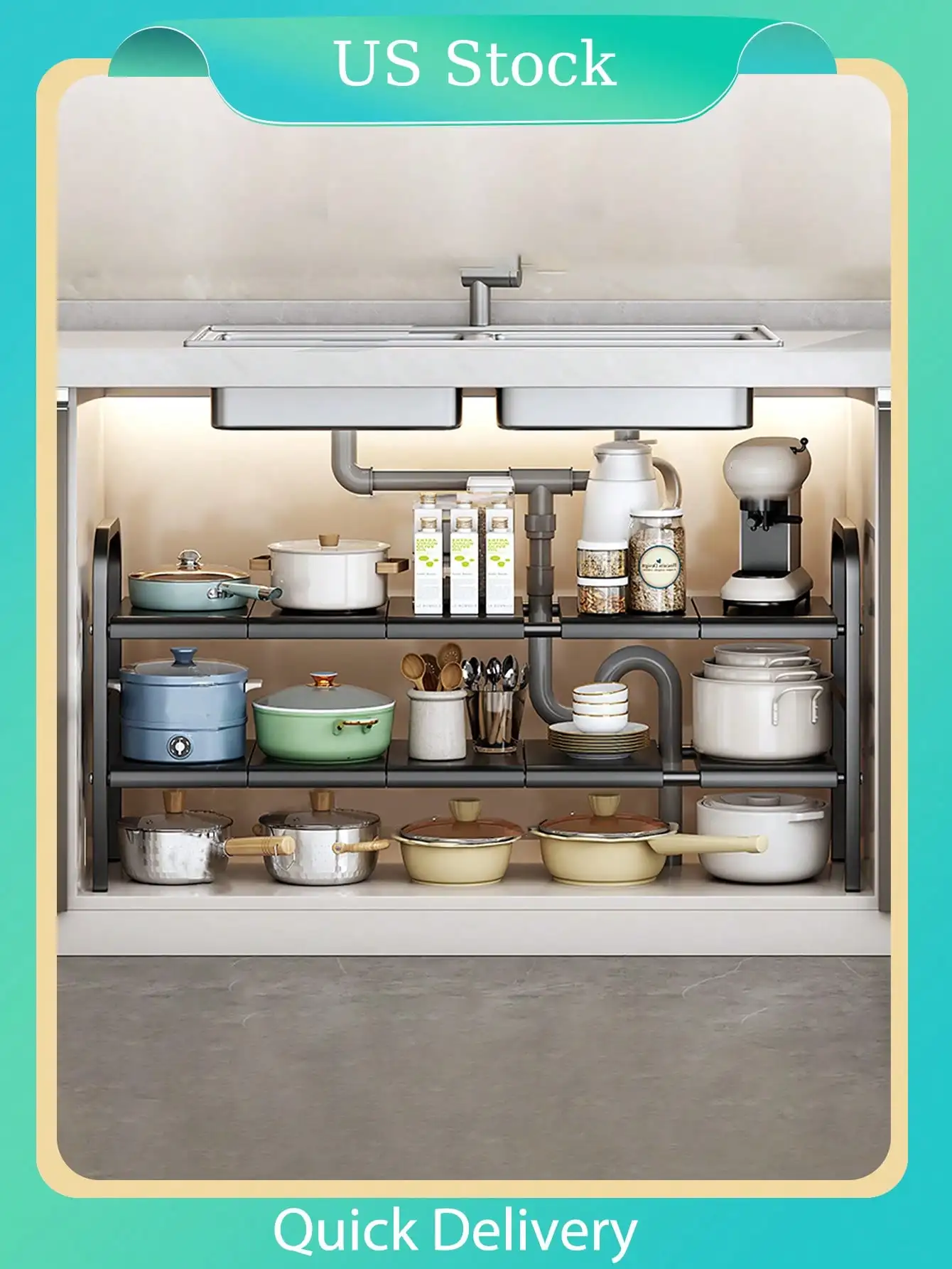 

1/2-Layer Expandable Under-Sink Kitchen Rack: 20.8-34.6 Adjustable with Removable Panels