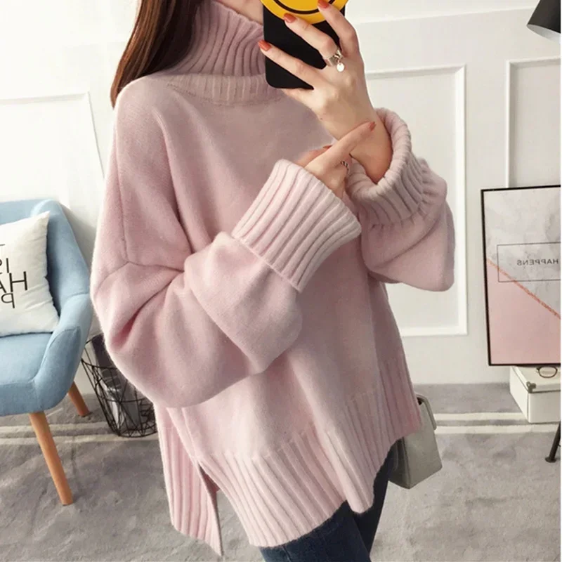 

Autumn Women's High-Neck Knitting Split Sweater Pullover Female Loose Version Thick Warm Sweater Long Sleeves Top Red Clothes