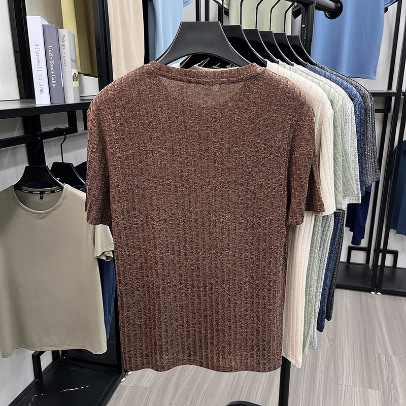 Herren Gestricktes Geripptes Gestreiftes T-Shirt Kurzarm O-Ausschnitt Atmungsaktiver Komfortabler Stoff Sommer Lässig Geschäftlich Tägliche Kleidung – Detail 16