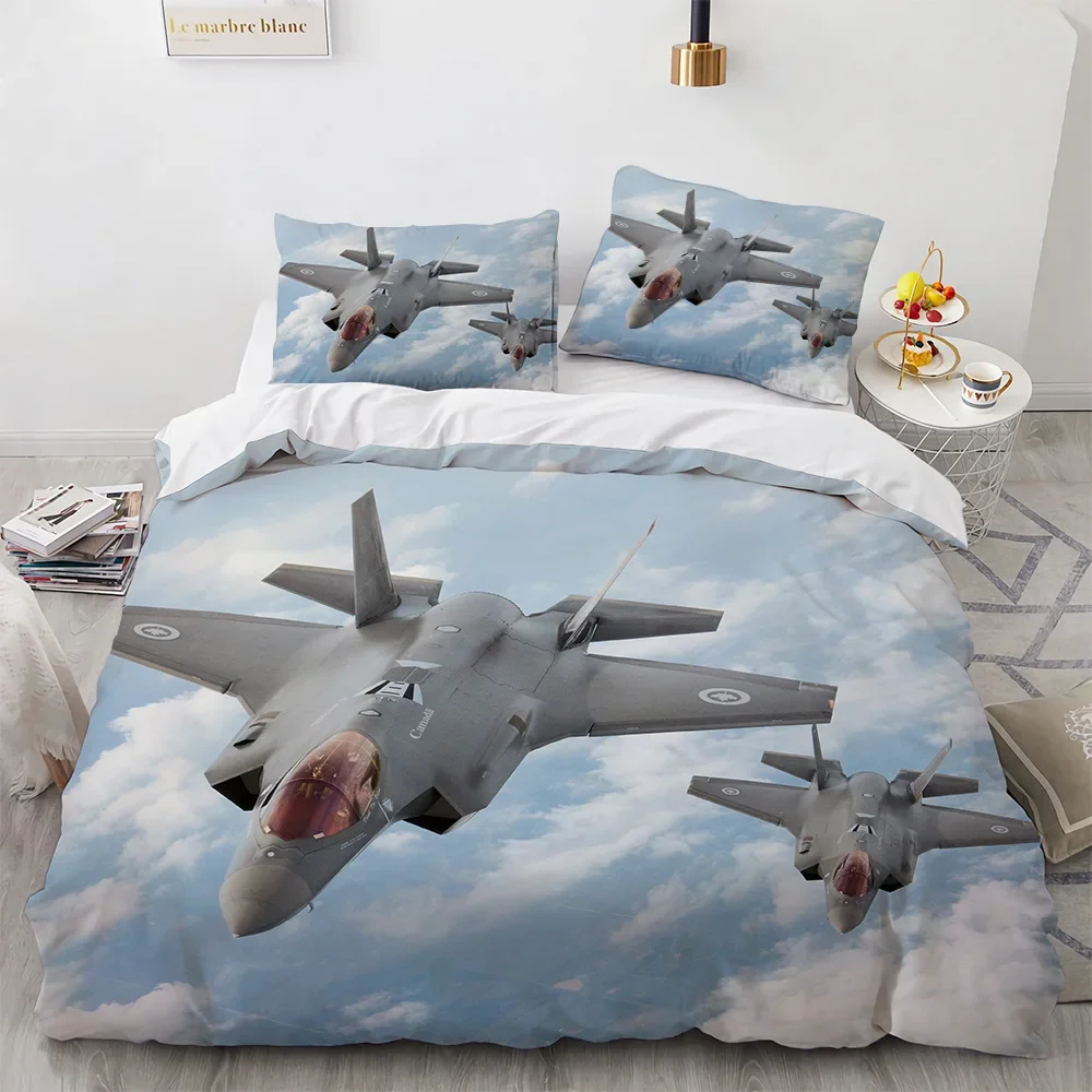 Fighter Plane King Queen Duvet Cover Military Aircraft Theme Bedding Set Kids Boys Men Sunset Airplane Polyester Comforter Cover