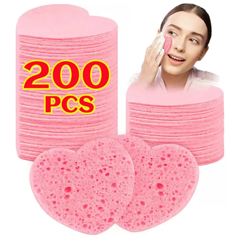 200Pcs Compress Face Wash Puff Reusable Heart Shape Sponges Face Cleansing Pads Strong Water Absorption Natural Wood Pulp Cotton