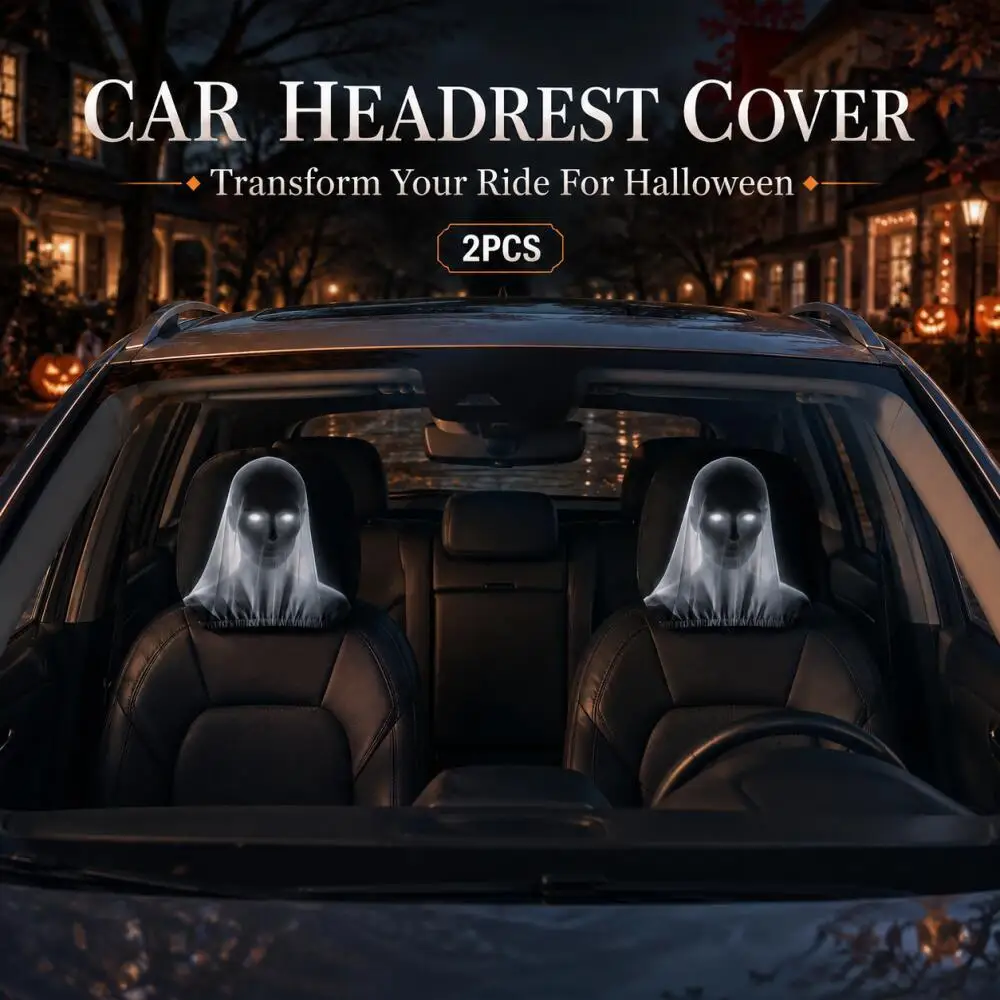2Pcs Halloween Ghost Bride Car Headrest Covers Mysterious Glowing Eyes Spooky Horror Universal Interior Decor for Sedan SUV
