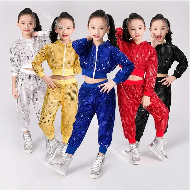 Bambini paillettes Jazz Dance Modern Cheerleading Hip Hop Costume per bambini Boy Girls Crop Top e Pant Performance outfit vestiti