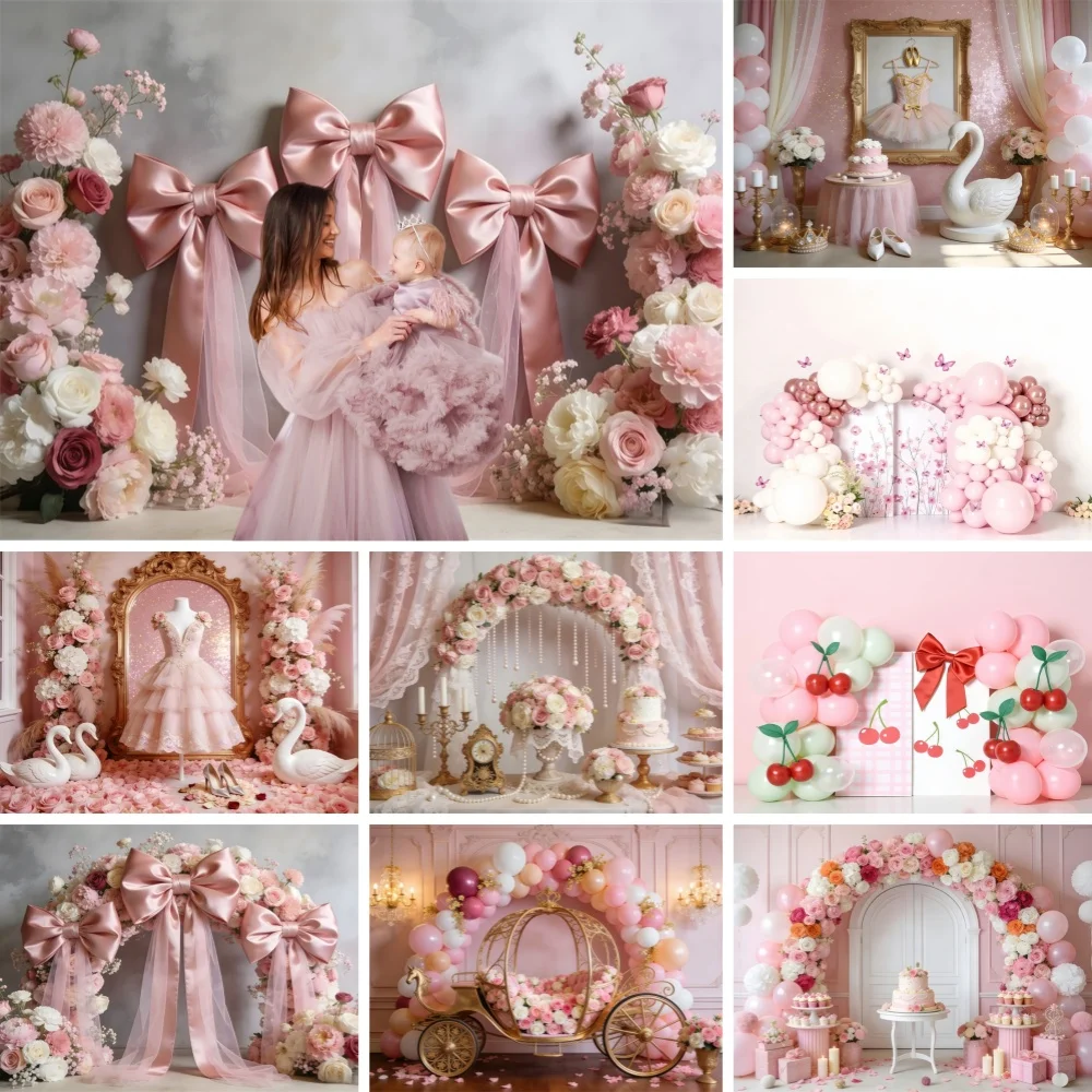 

Pink Bowknots Flower Photography Background Kids Baby Shower Party Bride Portrait Wedding Birthday Party Banner Decor Backdrop