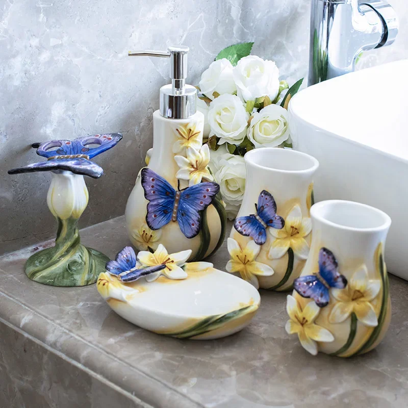 Five-piece Bathroom Accessories Set Toothbrush Holder Ceramics Toothpaste Dispenser Soap Dispenser Bathroom Cup Wedding Gifts