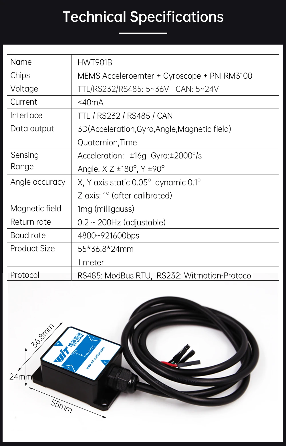 Military-Grade HWT901B 9-axis Gyroscope+Angle(XY 0.05° Accuracy)+Digital Compass+Air Pressure+Altitude,Magnetometer Compensation