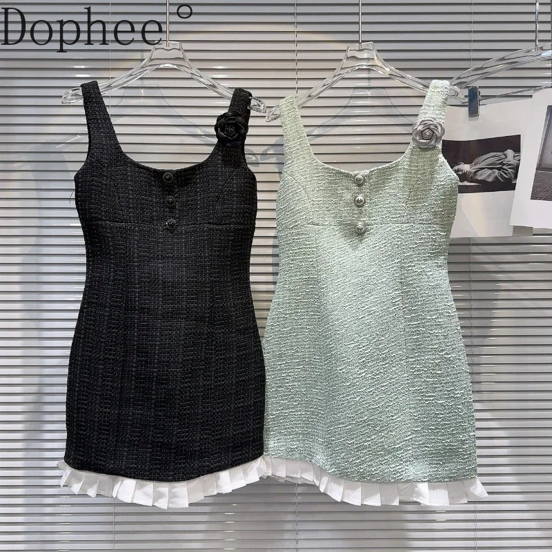 Fashion Lady Elegant Pleated Dress 2025 New Summer Brooch Flower Sleeveless Tank Dress Slim Waist A-line Tweeds Party Mini Dress