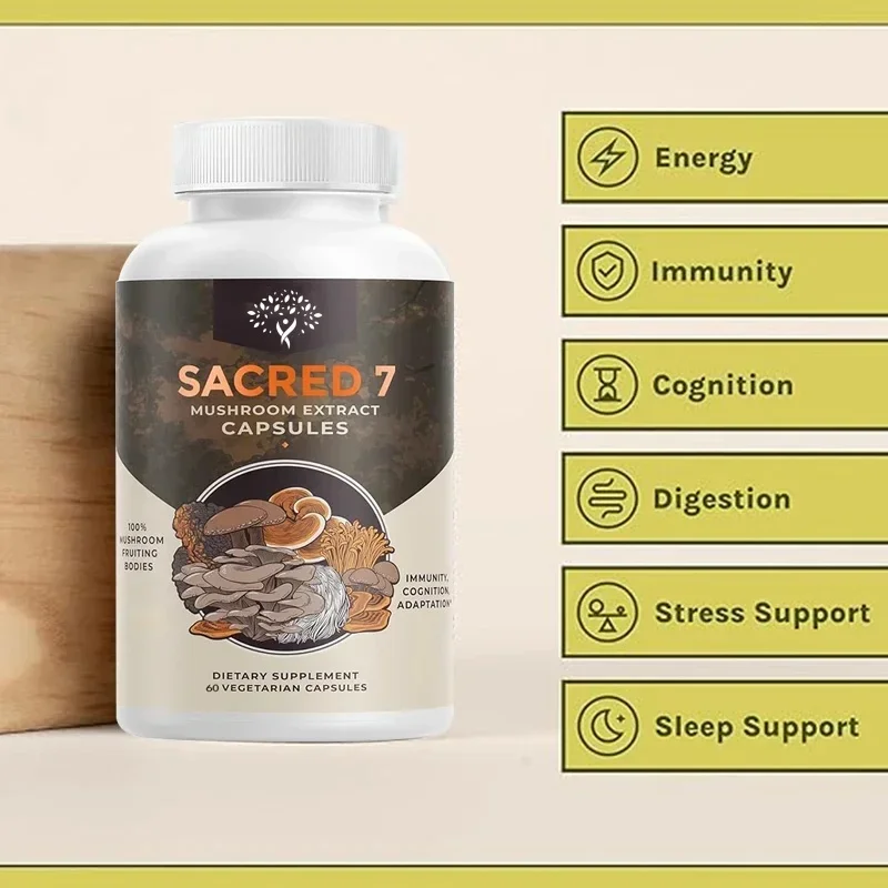 

Lion’s Mane, Cordyceps, Reishi, Turkey Tail, Chaga, Maitake, And Shiitake-Sacred 7 Mushroom Extract Capsules