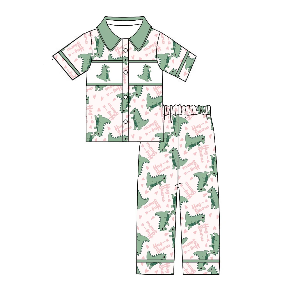 Valentine's Day Love Pocket Boutique Children's Set Short Sleeve Girls Boys Pants Suit Love Dinosaur Print Clothing