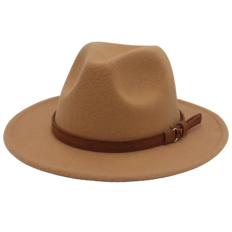 Sombreros Fedora con cinturón marrón clásico para hombre y mujer, sombrero de fieltro de Jazz para caballero, sombrero de vestir de ala ancha plana