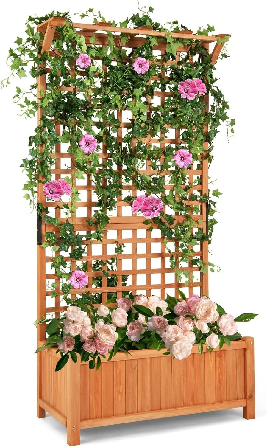 Outdoor Gardening, Wood, - Tall Freestanding Planter with Hanging Roof & Climbing Trellis and Drainage Holes