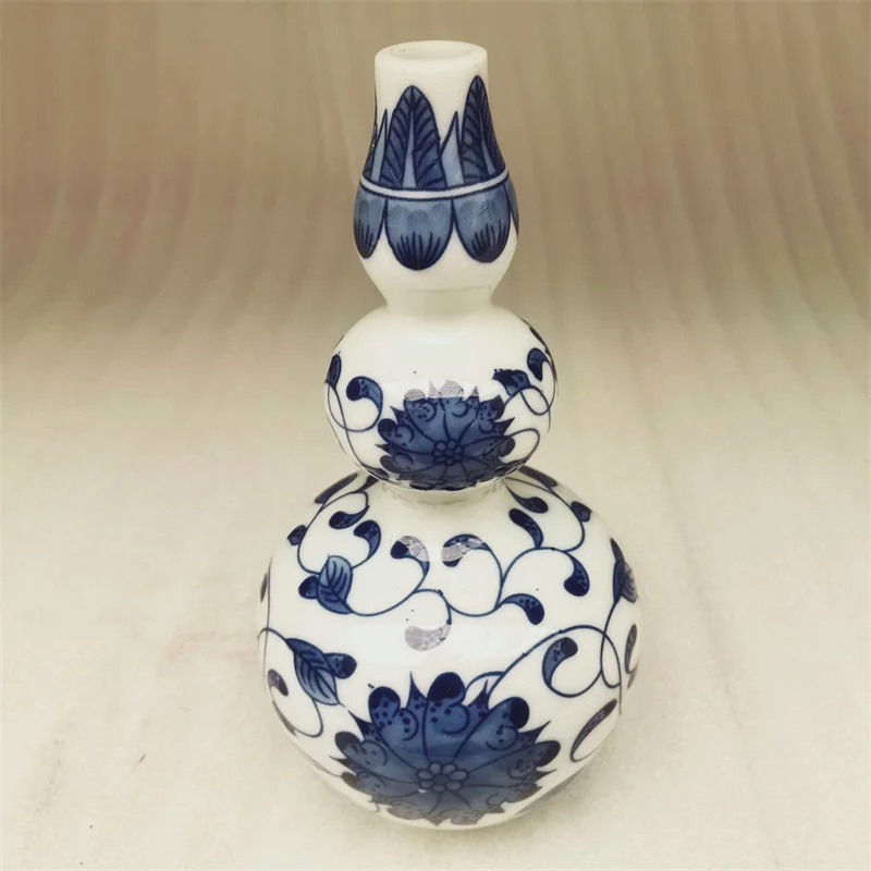 Chinese Old Porcelain Triple Gourd Vase Blue And White Entangled Lotus Pattern Traditional Decorative Floor Standing Artwork