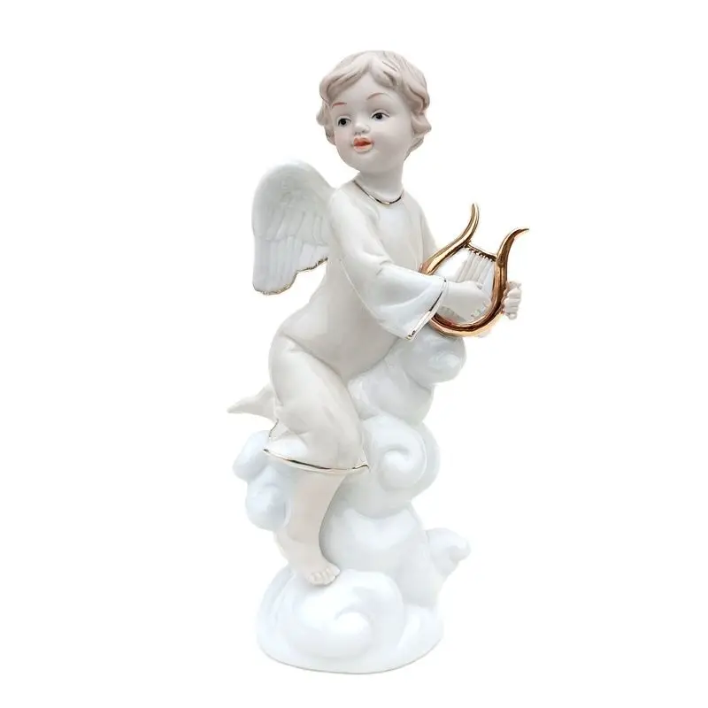 Classic Porcelain Music Angel Sculpture Ceramic Cloud Cupid Statue Living Room Ornament Study Decor Festival Craft Furnishing