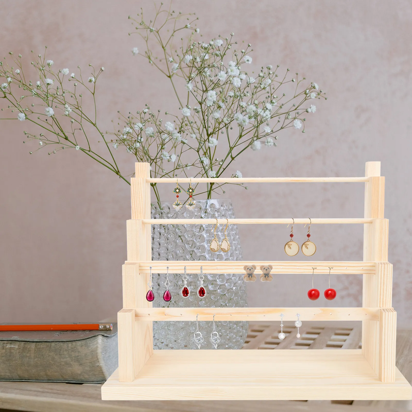 Wooden Jewelry Display Stand Multi-Layer Detachable Ring Earring Bracelet Organizer for Home Desktop Decorative Storage Rack